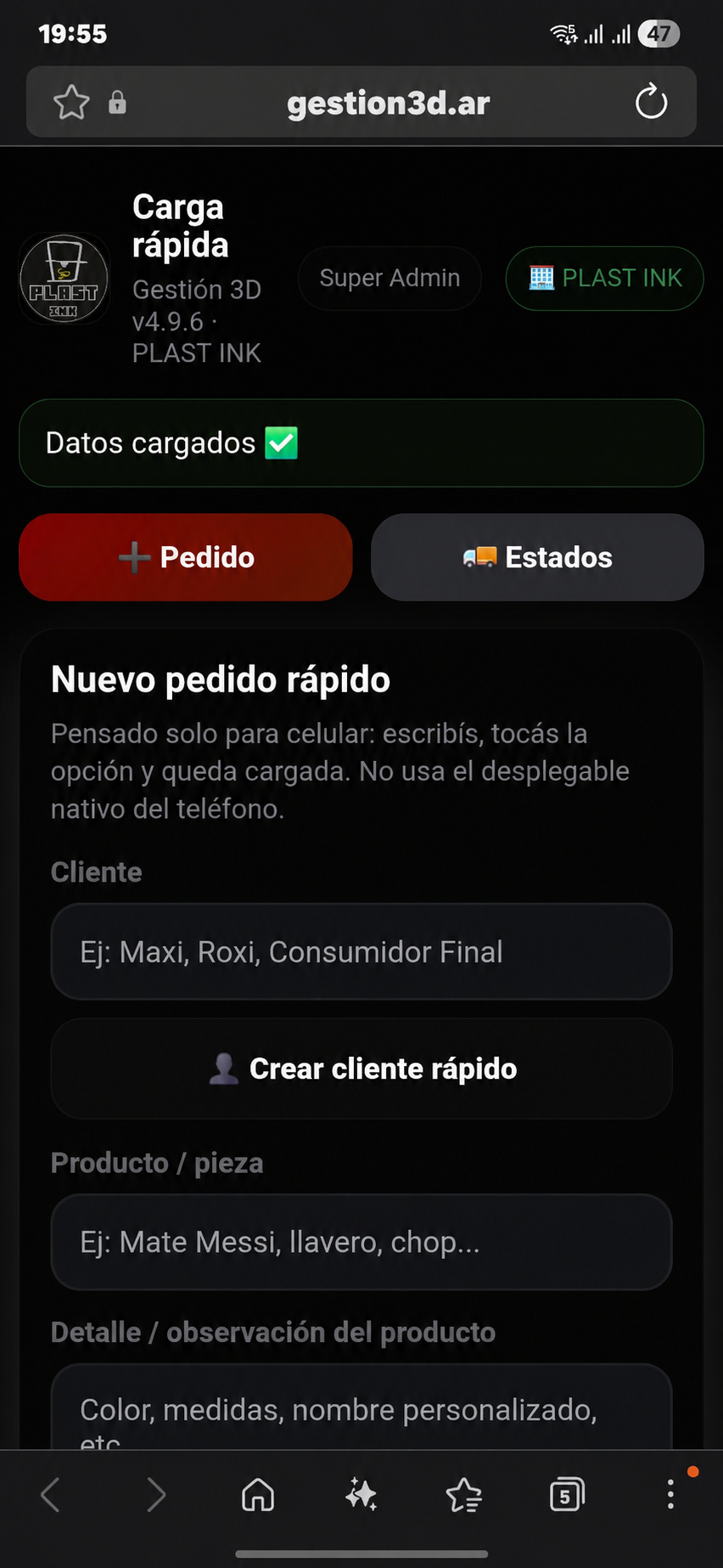 Captura mobile de Gestión 3D WEB